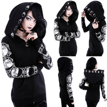 Load image into Gallery viewer, Gothic Punk Women Print Long Sleeve Hoodies Sweatshirts, Casual Zipper Jacket Hooded Tops Winter Black Hoodies. FREE SHIPPING!
