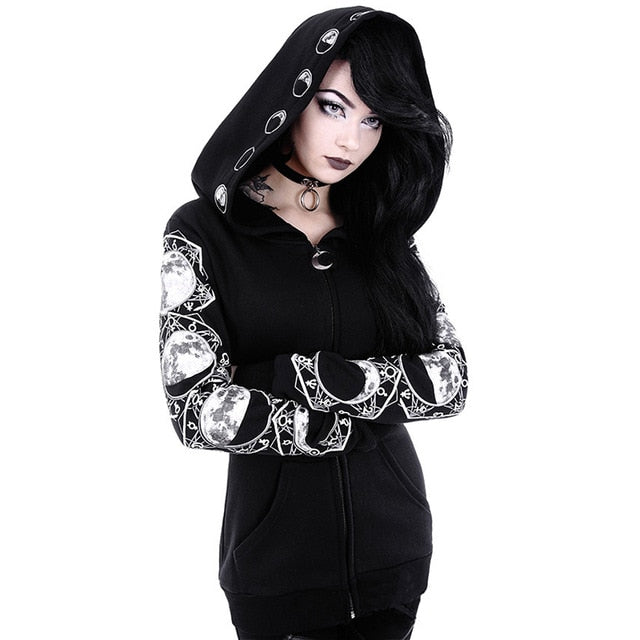 Gothic Punk Women Print Long Sleeve Hoodies Sweatshirts, Casual Zipper Jacket Hooded Tops Winter Black Hoodies. FREE SHIPPING!