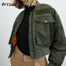 Load image into Gallery viewer, Artsnie Bomber Jacket Women Army Green Warm Zipper Pockets Winter Coat, Female Jacket Parkas, FREE SHIPPING!
