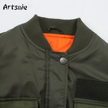 Load image into Gallery viewer, Artsnie Bomber Jacket Women Army Green Warm Zipper Pockets Winter Coat, Female Jacket Parkas, FREE SHIPPING!
