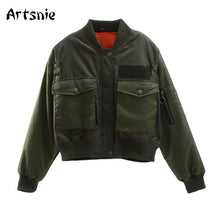 Load image into Gallery viewer, Artsnie Bomber Jacket Women Army Green Warm Zipper Pockets Winter Coat, Female Jacket Parkas, FREE SHIPPING!
