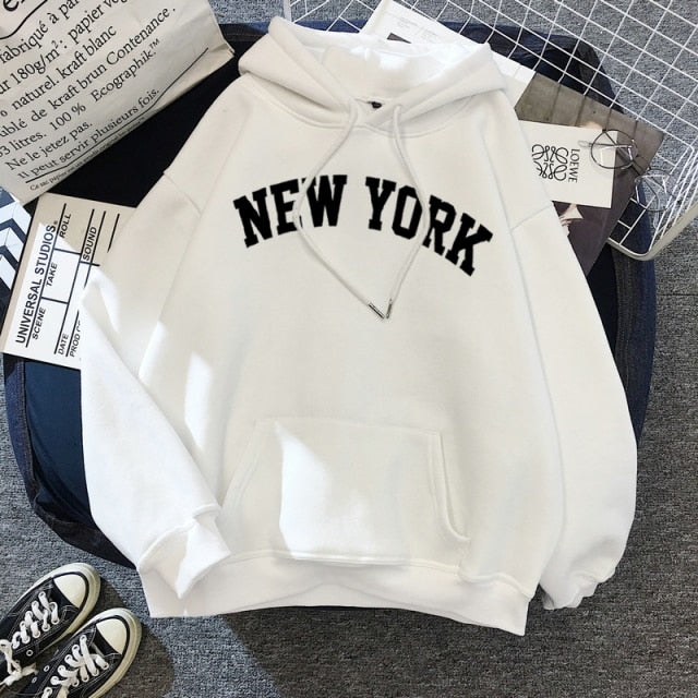 NEW Sweatshirts velvet winter Women's NEW YORK printing Hooded Female 2020 Cotton Thicken Warm Hoodies Lady Autumn Tops