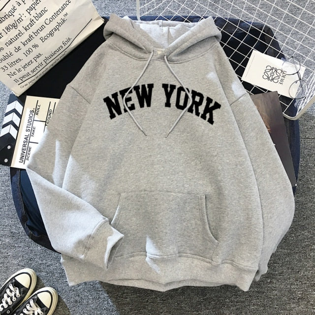 NEW Sweatshirts velvet winter Women's NEW YORK printing Hooded Female 2020 Cotton Thicken Warm Hoodies Lady Autumn Tops