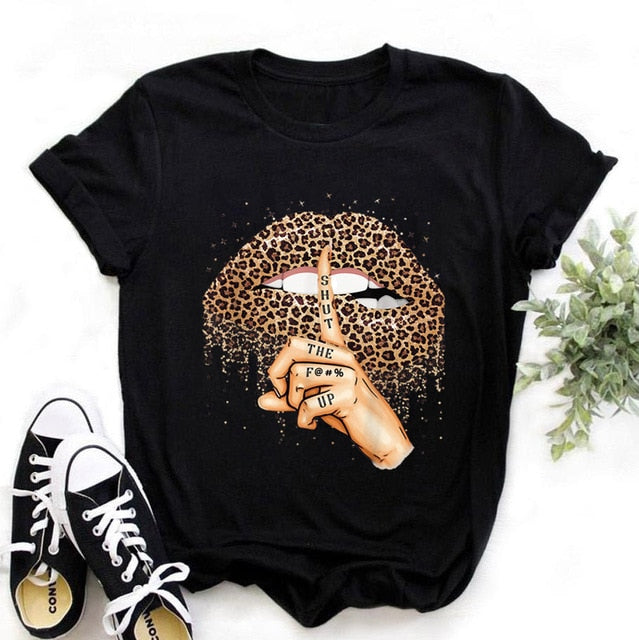 Fashion Shirt Lips Leopard Graphic T Shirt Women Tops Base O-neck, Black Tees Kiss Leopard Lip Funny Girls T-shirt, FREE SHIPPING!