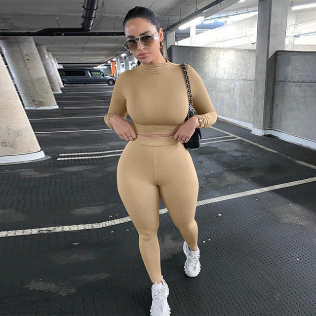 Two Piece Sets Women Solid Autumn Tracksuits High Waist Stretchy Sportswear Hot Crop Tops And Leggings Matching Outfits, FREE SHIPPING!