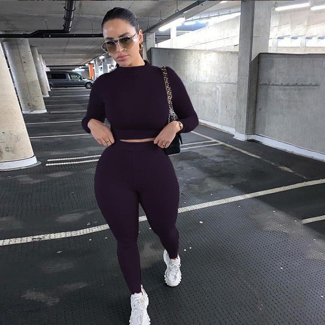 Two Piece Sets Women Solid Autumn Tracksuits High Waist Stretchy Sportswear Hot Crop Tops And Leggings Matching Outfits, FREE SHIPPING!