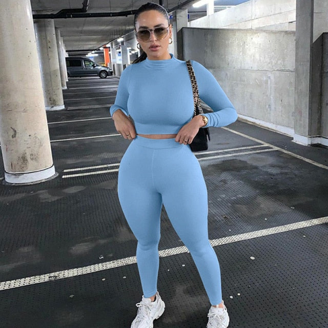 Two Piece Sets Women Solid Autumn Tracksuits High Waist Stretchy Sportswear Hot Crop Tops And Leggings Matching Outfits, FREE SHIPPING!