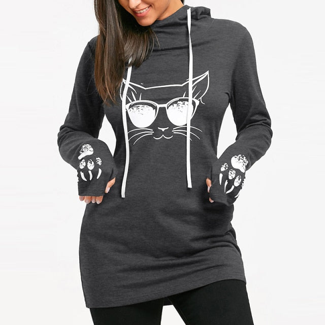 Autumn/Winter Fashion Women's Cotton O-neck Long Sleeve Casual Style Sweatshirts Cartoon Cat Print Drawstring Tunic Hoodie, FREE SHIPPING!