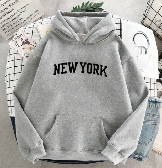 NEW Sweatshirts velvet winter Women's NEW YORK printing Hooded Female 2020 Cotton Thicken Warm Hoodies Lady Autumn Tops