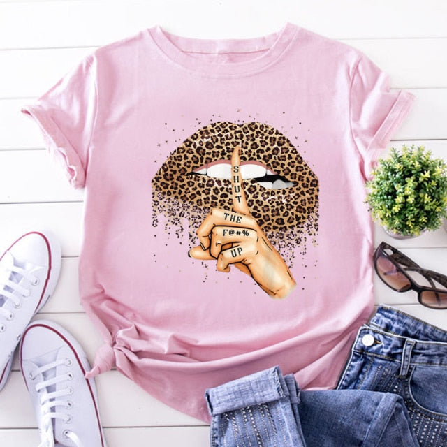 Fashion Shirt Lips Leopard Graphic T Shirt Women Tops Base O-neck, Black Tees Kiss Leopard Lip Funny Girls T-shirt, FREE SHIPPING!