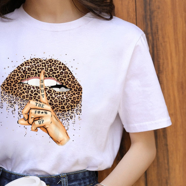 Fashion Shirt Lips Leopard Graphic T Shirt Women Tops Base O-neck, Black Tees Kiss Leopard Lip Funny Girls T-shirt, FREE SHIPPING!