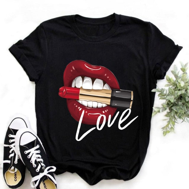 Fashion Shirt Lips Leopard Graphic T Shirt Women Tops Base O-neck, Black Tees Kiss Leopard Lip Funny Girls T-shirt, FREE SHIPPING!