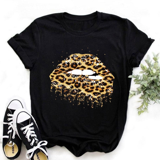 Fashion Shirt Lips Leopard Graphic T Shirt Women Tops Base O-neck, Black Tees Kiss Leopard Lip Funny Girls T-shirt, FREE SHIPPING!