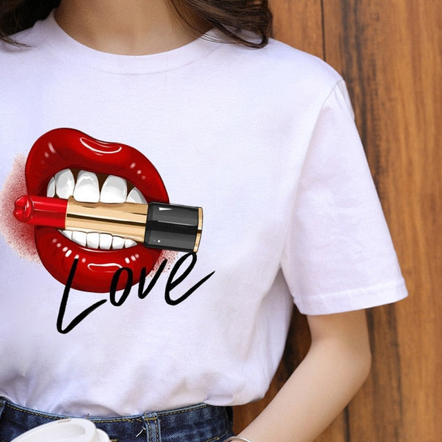 Fashion Shirt Lips Leopard Graphic T Shirt Women Tops Base O-neck, Black Tees Kiss Leopard Lip Funny Girls T-shirt, FREE SHIPPING!