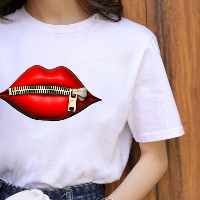 Fashion Shirt Lips Leopard Graphic T Shirt Women Tops Base O-neck, Black Tees Kiss Leopard Lip Funny Girls T-shirt, FREE SHIPPING!