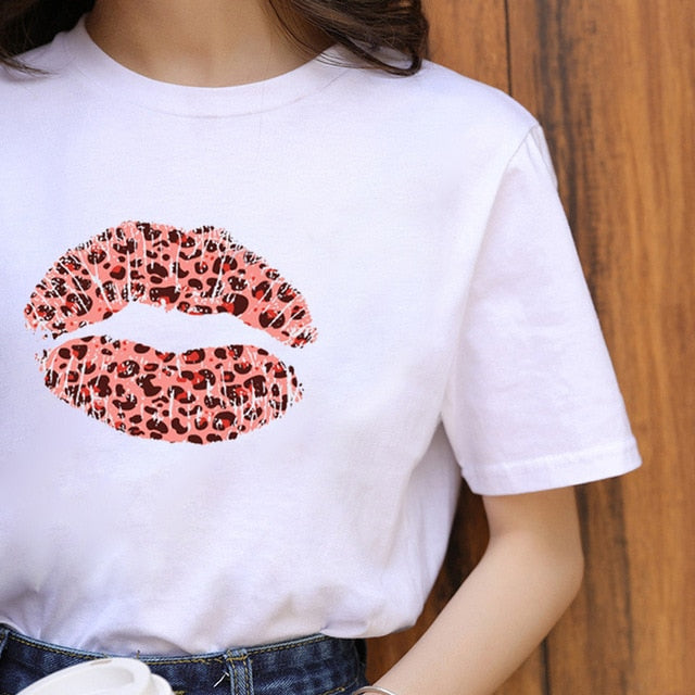 Fashion Shirt Lips Leopard Graphic T Shirt Women Tops Base O-neck, Black Tees Kiss Leopard Lip Funny Girls T-shirt, FREE SHIPPING!