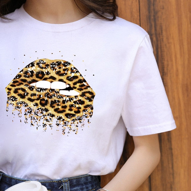 Fashion Shirt Lips Leopard Graphic T Shirt Women Tops Base O-neck, Black Tees Kiss Leopard Lip Funny Girls T-shirt, FREE SHIPPING!