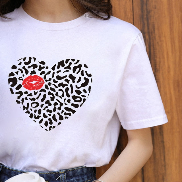 Fashion Shirt Lips Leopard Graphic T Shirt Women Tops Base O-neck, Black Tees Kiss Leopard Lip Funny Girls T-shirt, FREE SHIPPING!