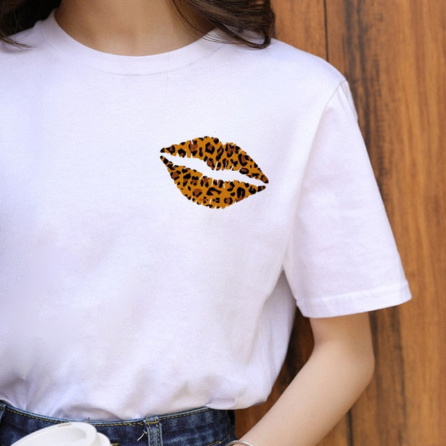 Fashion Shirt Lips Leopard Graphic T Shirt Women Tops Base O-neck, Black Tees Kiss Leopard Lip Funny Girls T-shirt, FREE SHIPPING!