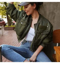 Load image into Gallery viewer, Artsnie Bomber Jacket Women Army Green Warm Zipper Pockets Winter Coat, Female Jacket Parkas, FREE SHIPPING!
