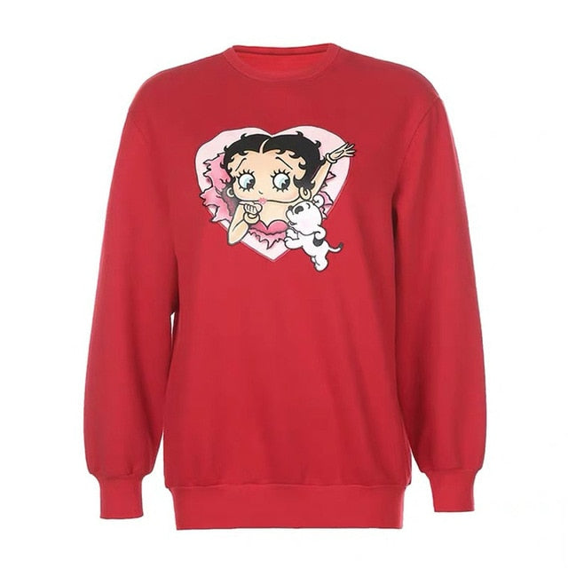 Vintage Cartoon Print Girl's Pullover Thick Warm Long Sleeve Hoodies Plus Size Loose Women Sweatshirts, FREE SHIPPING!